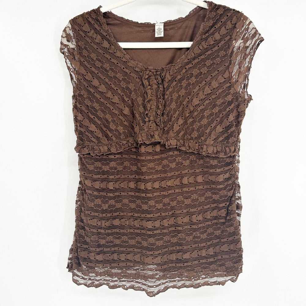 Merona Womens Y2K Whimsigoth Fairycore Lace Overlay Babydoll Top Size L‎ Brown